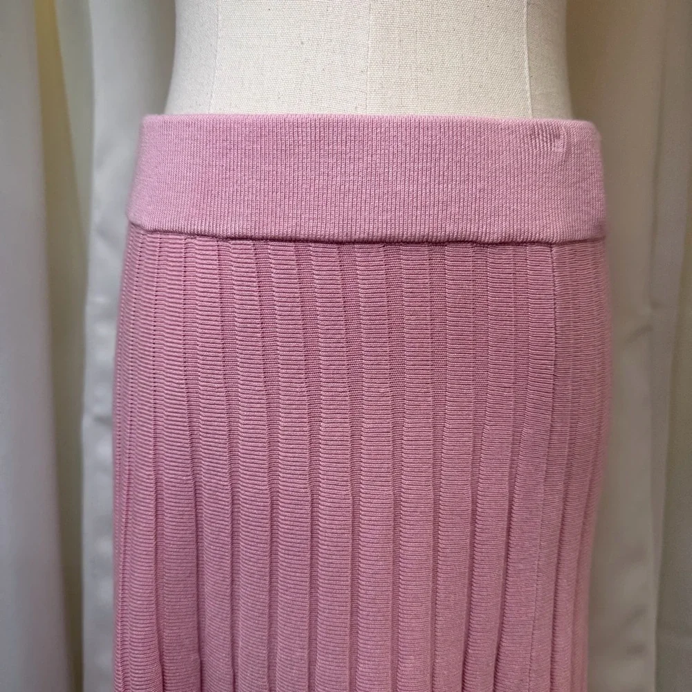 NWT Saks Fifth Avenue Pink Stretch Knit Wide Ribbed Midi Skirt w/ Slit Size S